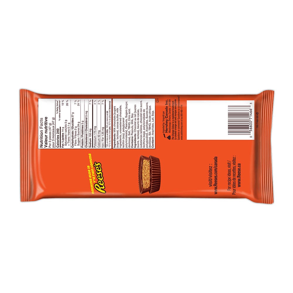 Moules au beurre d’arachides et chocolat au lait REESE'S, format collation, 124 g - Dos de l’emballage