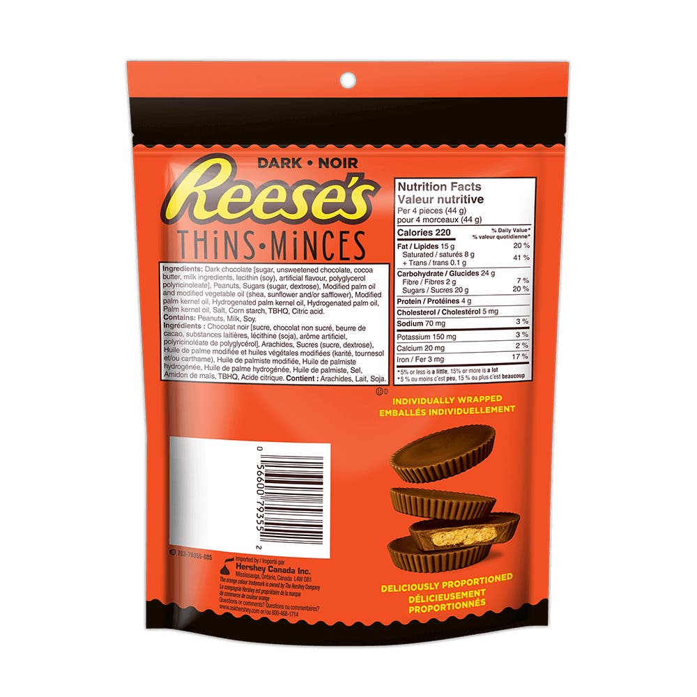 Moules au beurre d’arachides et chocolat noir REESE'S THiNS, sac de 165 g - Dos de l’emballage