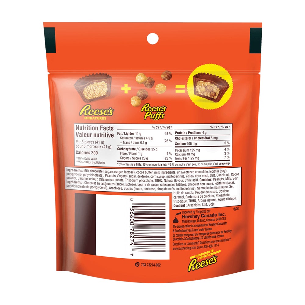 REESE'S miniatures avec REESE'S PUFFS chocolat au lait et beurre d'arachides, sac de 163 g - Dos de l’emballage