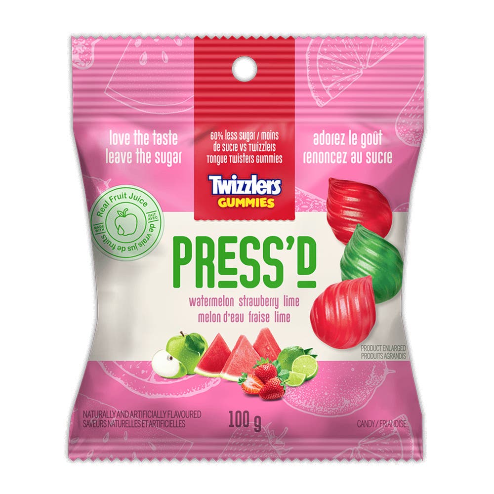 Bonbons gommeux TWIZZLERS Gummies PRESS'D melon d'eau fraise lime, sac de 100 g - Devant de l’emballage