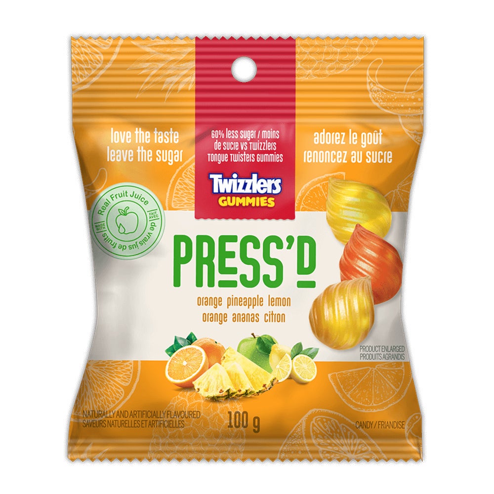 Bonbons gommeux TWIZZLERS Gummies PRESS'D orange ananas citron, sac de 100 g - Devant de l’emballage