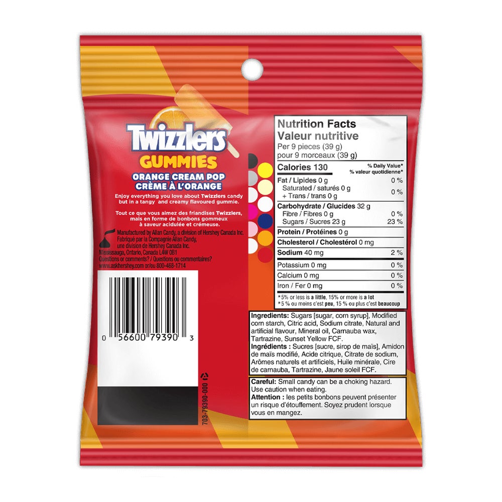 Bonbons TWIZZLERS Gummies crème à l'orange, sac de 170 g - Dos de l’emballage