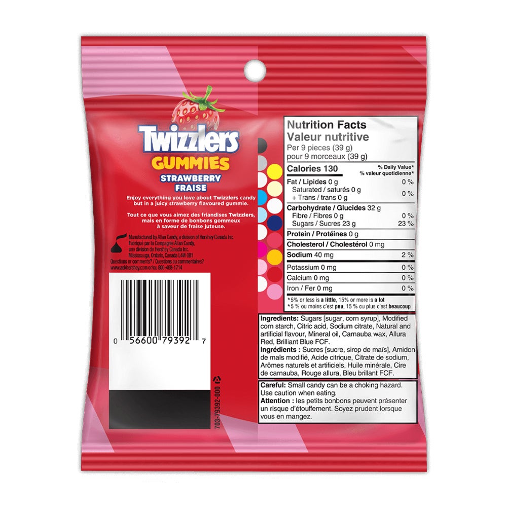 Bonbons TWIZZLERS Gummies fraise, sac de 170 g - Dos de l’emballage