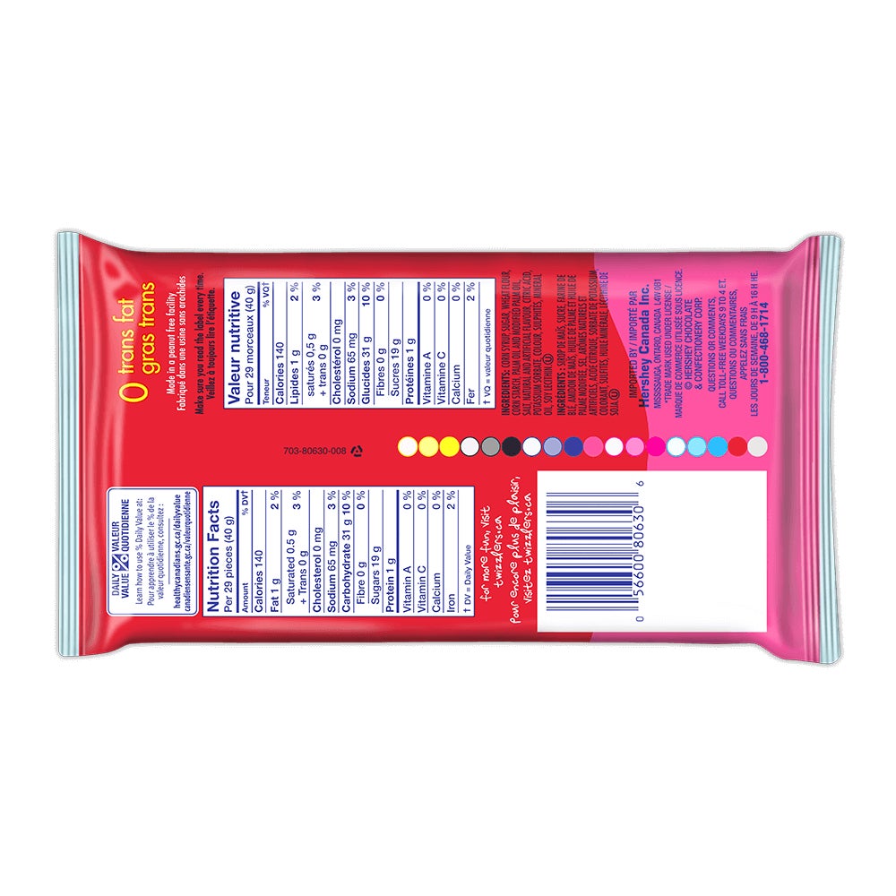 Friandises TWIZZLERS NIBS cerise, sac de 225 g - Dos de l’emballage