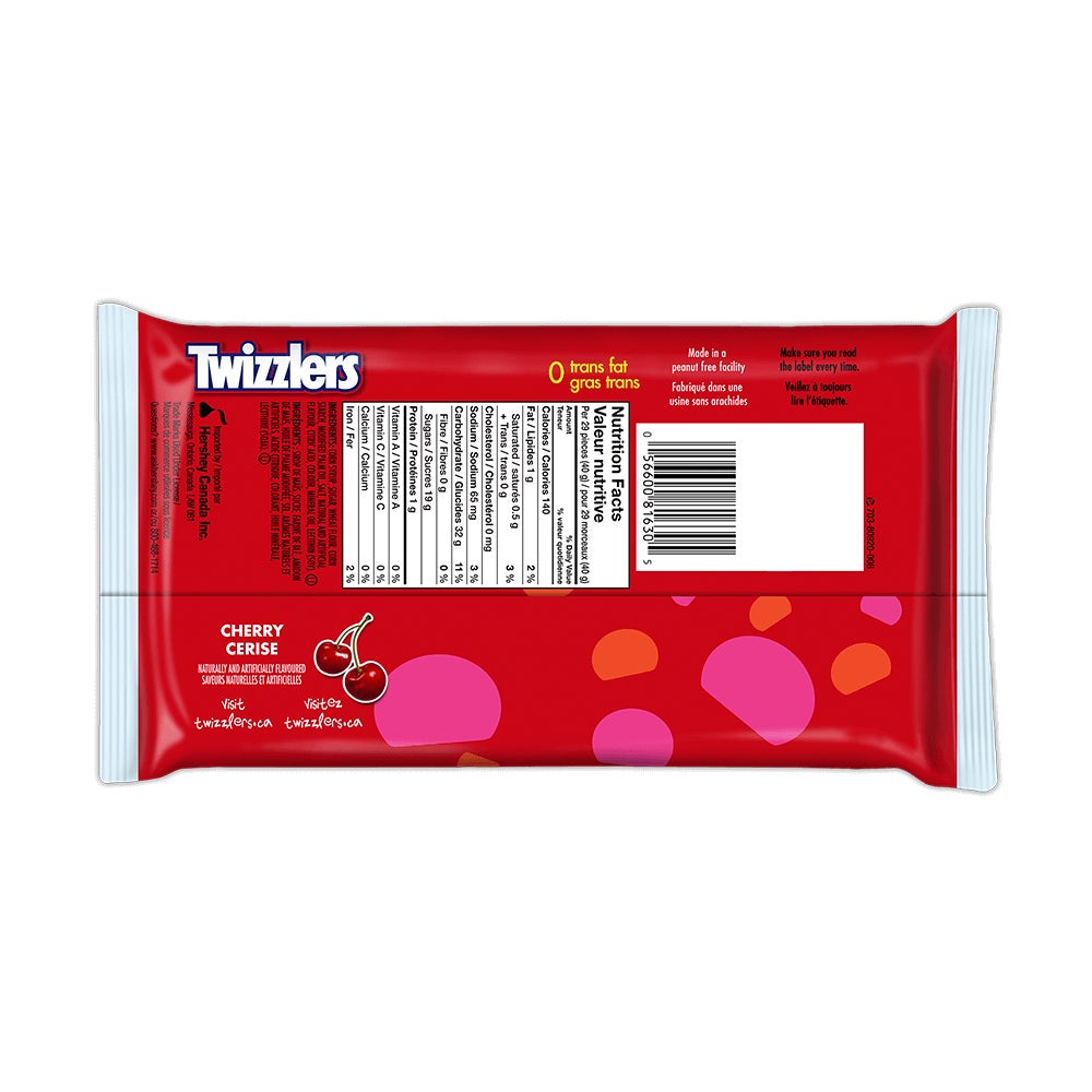 Friandises TWIZZLERS NIBS cerise, sac de 400 g - Dos de l’emballage