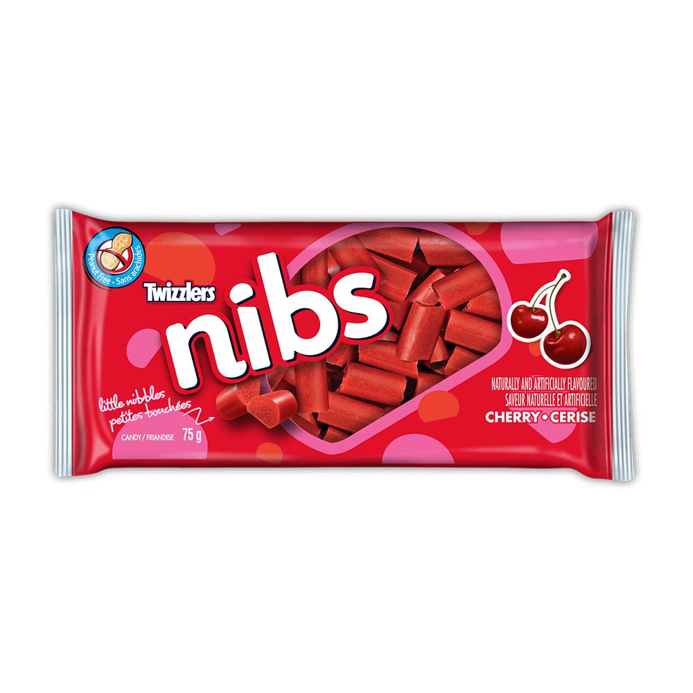 Friandises TWIZZLERS NIBS cerise, sac de 75 g - Devant de l’emballage