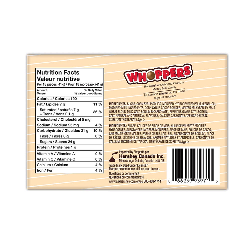 Bonbons au lait malté WHOPPERS, boîte de 113 g - Dos de l’emballage