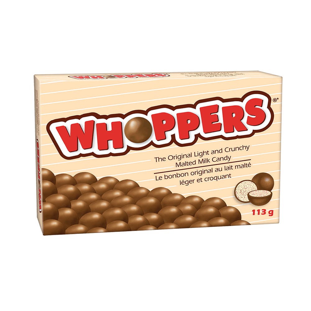Bonbons au lait malté WHOPPERS, boîte de 113 g - Devant de l’emballage