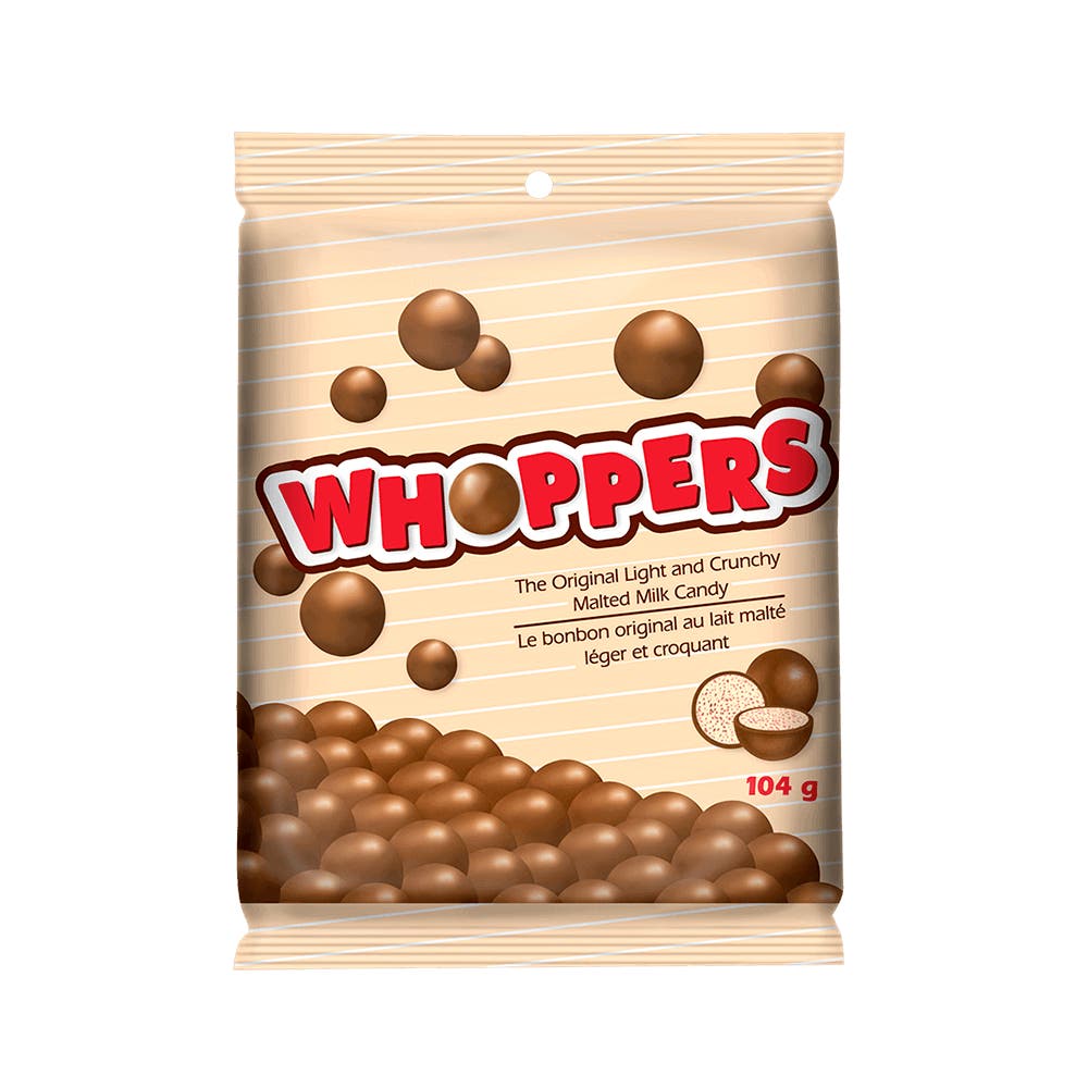 Bonbons au lait malté WHOPPERS, sac de 104 g - Devant de l’emballage
