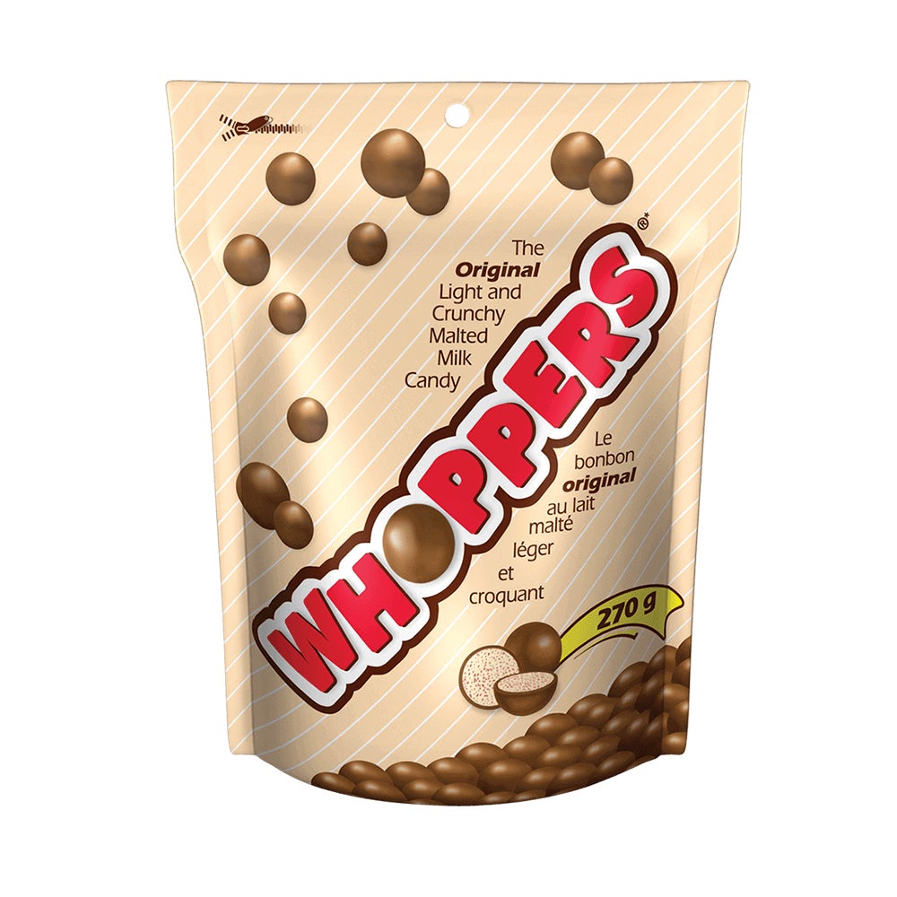 Bonbons au lait malté WHOPPERS, sac de 270 g - Devant de l’emballage