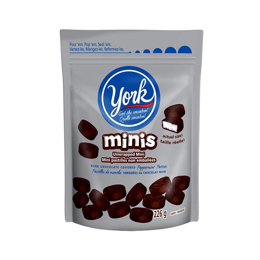 Mini galettes de chocolat noir à la menthe poivrée YORK, sac de 226 g - Devant de l’emballage